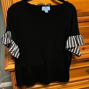 CeCe Black Tee with Striped Ruffle Sleeves